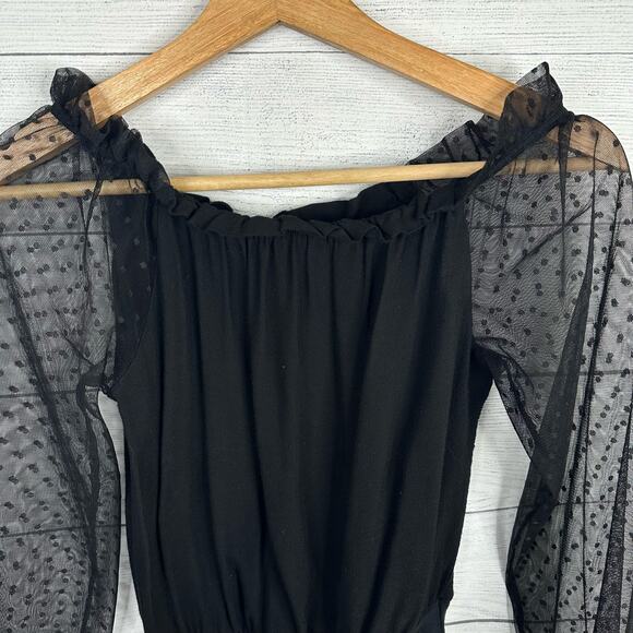 Tezenis Womens size Small Sheer Black Long Sleeve Swiss Dot Bodysuit - Picture 3 of 7